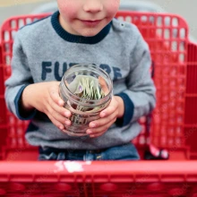 Child in shopping cart holding coin jar